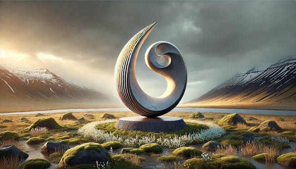 Gervigreindarmynd sem sýnir listaverk, skúlptúr í íslensku landslagi.