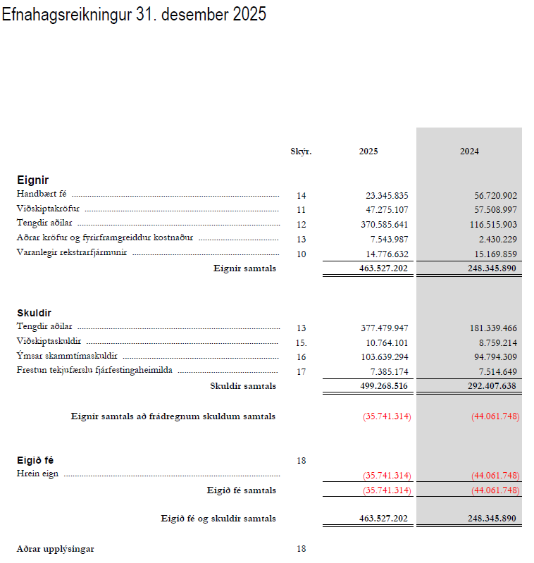 Mynd sem sýnir efnahagsreikning rannís árins 2025