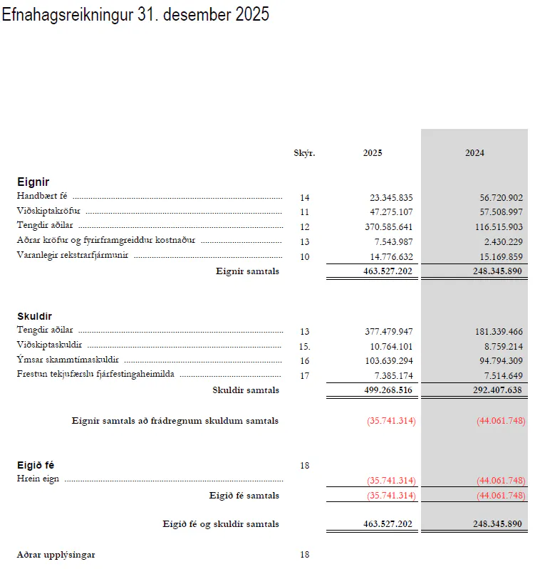 Mynd sem sýnir efnahagsreikning rannís árins 2025