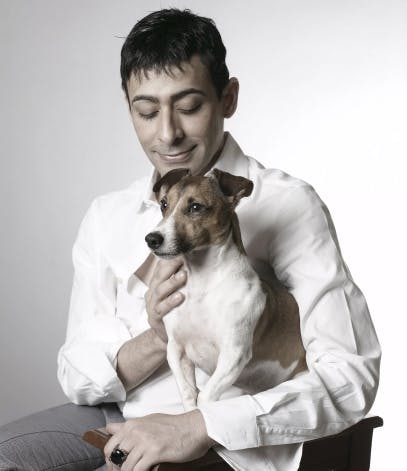 Portrait of Raqib Shaw with dog, Mr.C.