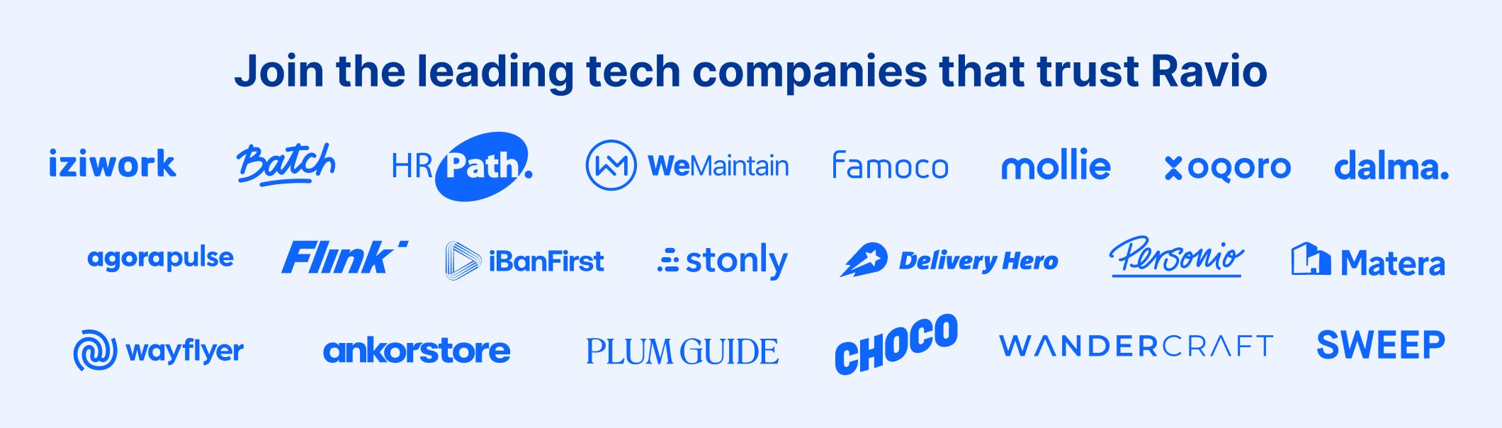 Join the leading tech companies that trust Ravio. Logos for: iziwork, batch, HR path, wemaintain, famoco, mollie, oqoro, dalma, agorapulse, flink, ibanfirst, stonly, delivery hero, personio, matera, wayflyer, ankorstore, plum guide, choco, wandercraft, sweep