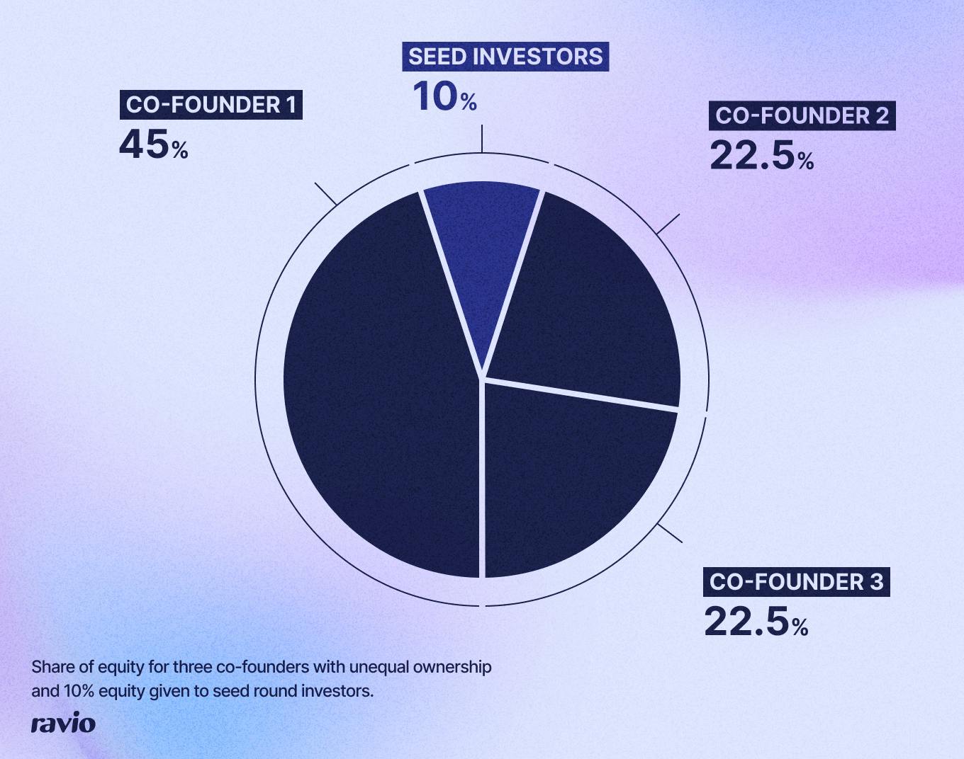 Pie chart showing 45% equity to co-founder 1, 22.5% to co-founders 2 and 3, 10% equity to seed investors