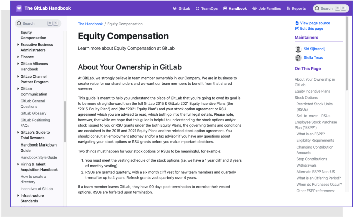 Screenshot of equity compensation guidance in the GitlLab employee handbook.