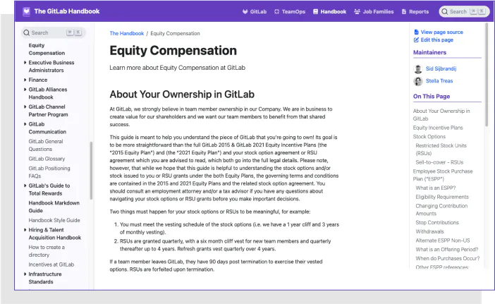 Screenshot of equity compensation guidance in the GitlLab employee handbook.