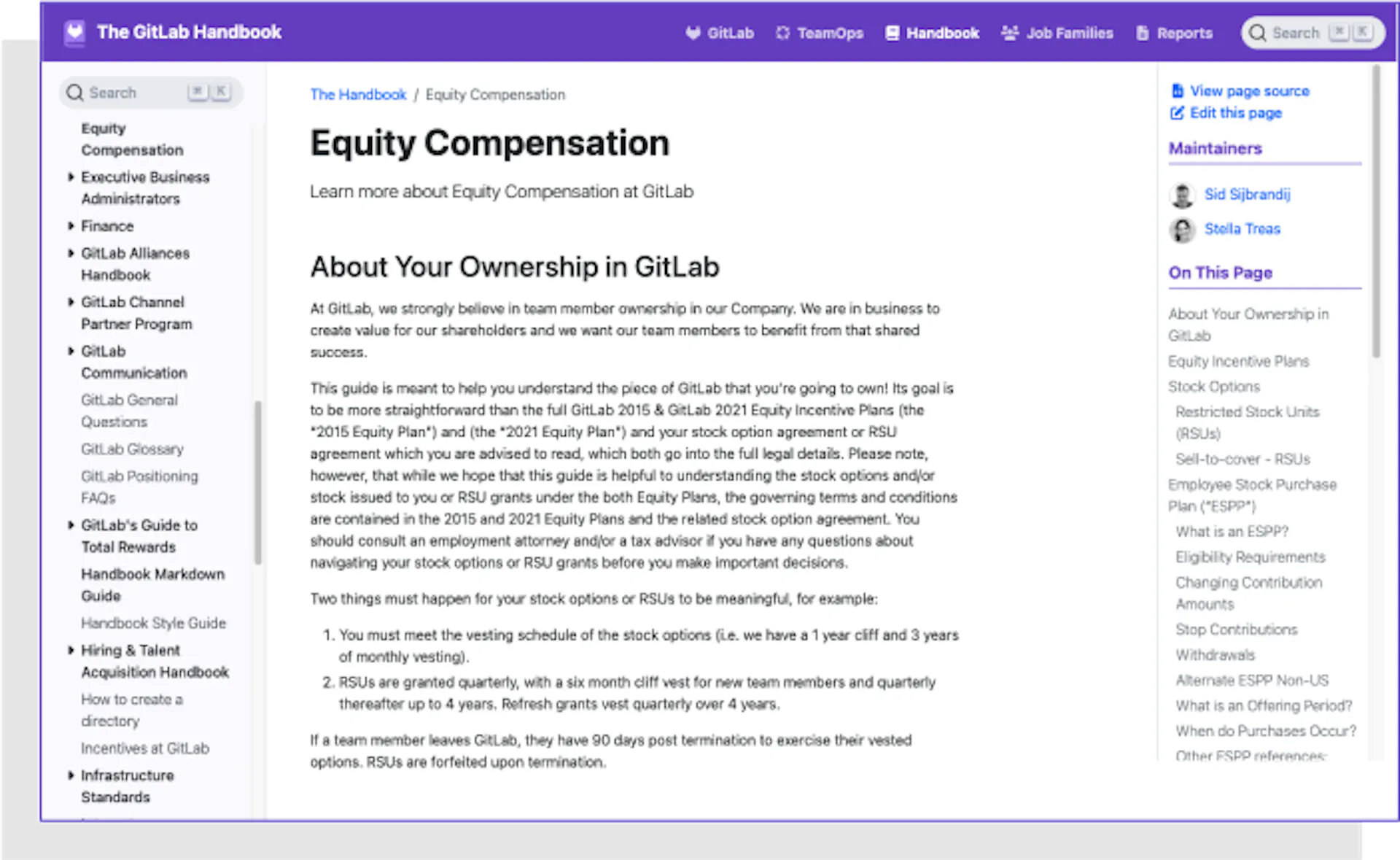 Screenshot of equity compensation guidance in the GitlLab employee handbook.