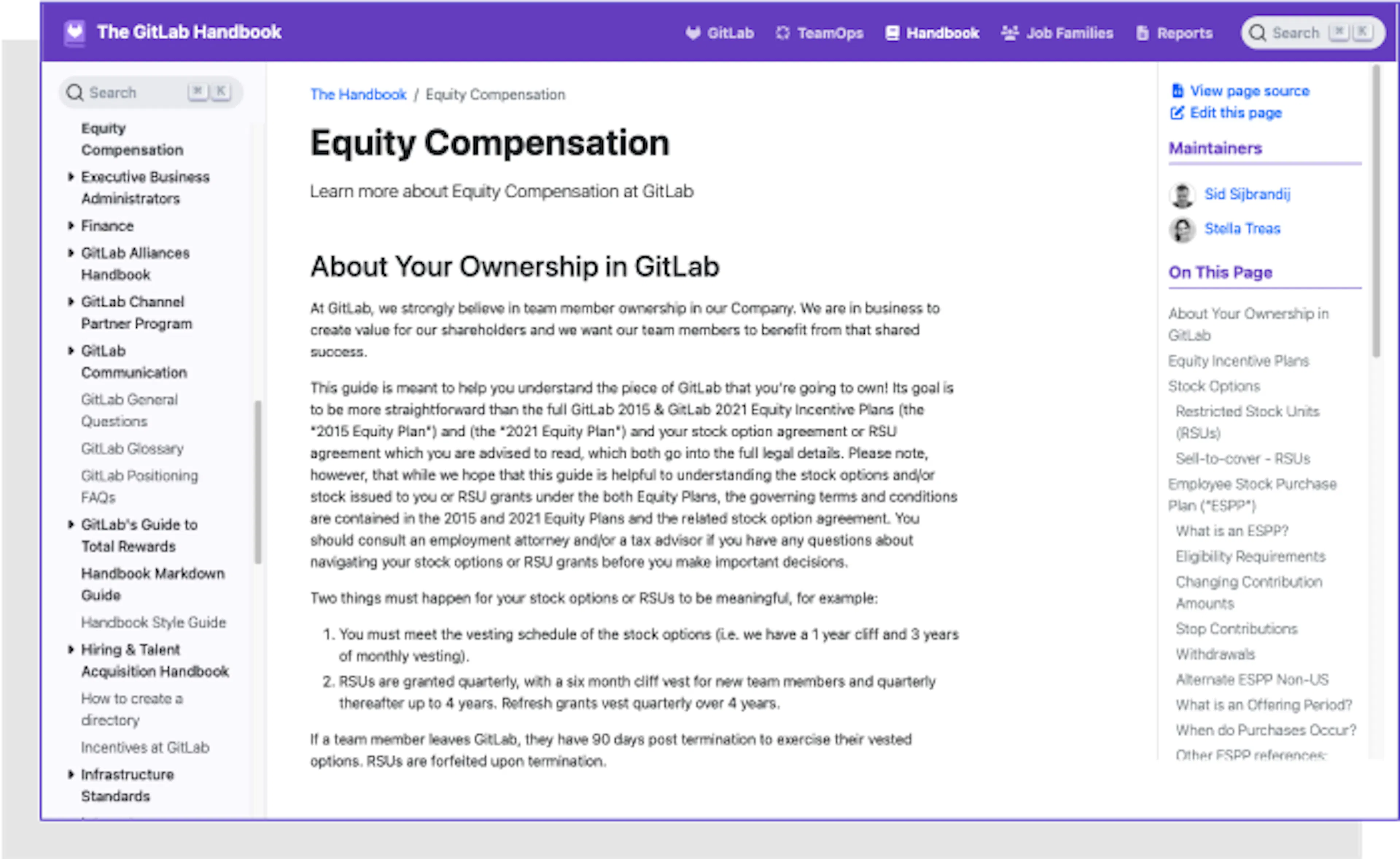 Screenshot of equity compensation guidance in the GitlLab employee handbook.