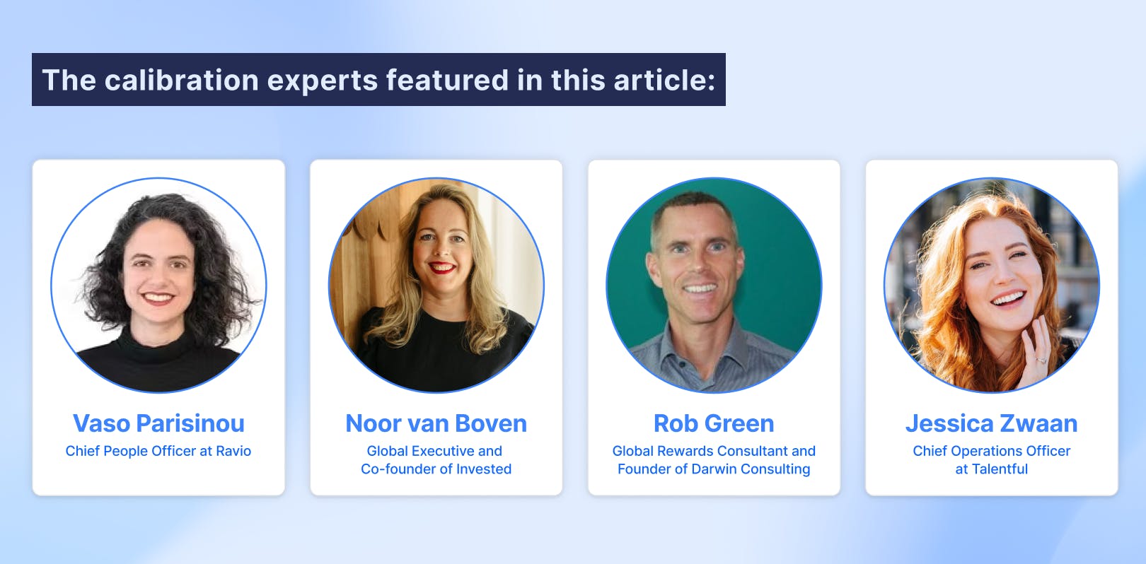 Banner with headshots of four calibration experts featured in the article: Vaso Parisinou (CPO at Ravio), Noor van Boven (co-founder of Invested), Rob Green (Global Rewards Consultant), Jessica Zwaan (COO at Talentful).