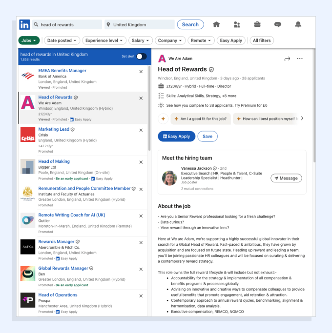 Screenshot of LinkedIn job adverts