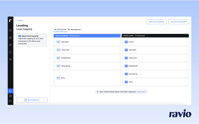 Product image showing job level mapping in Ravio with a correlation table to match internal job levels to Ravio's level framework.