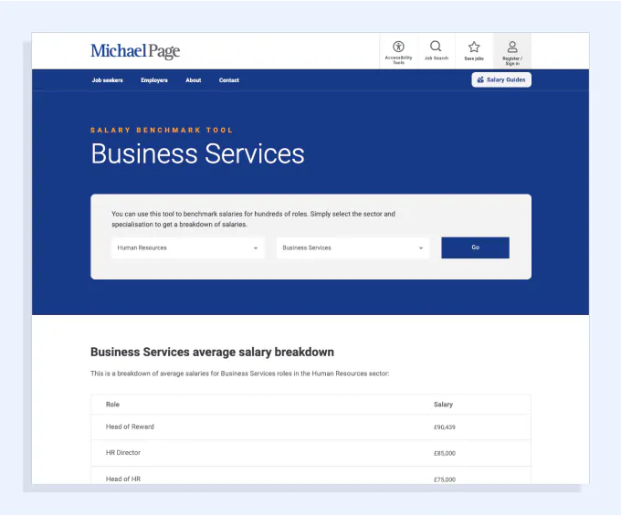 Screenshot von Michael Page’s Gehaltsbenchmarking-Tool
