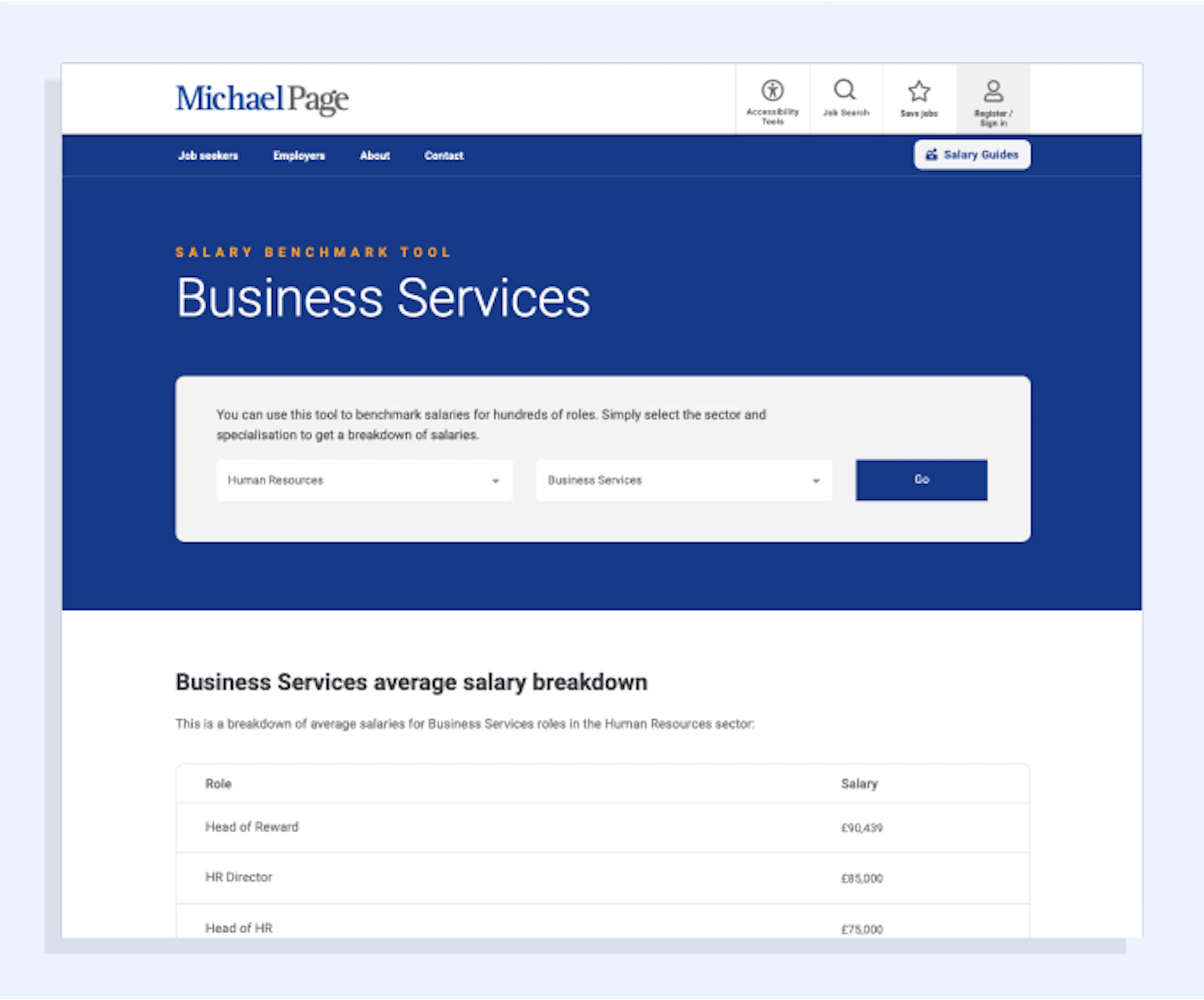 Screenshot von Michael Page’s Gehaltsbenchmarking-Tool