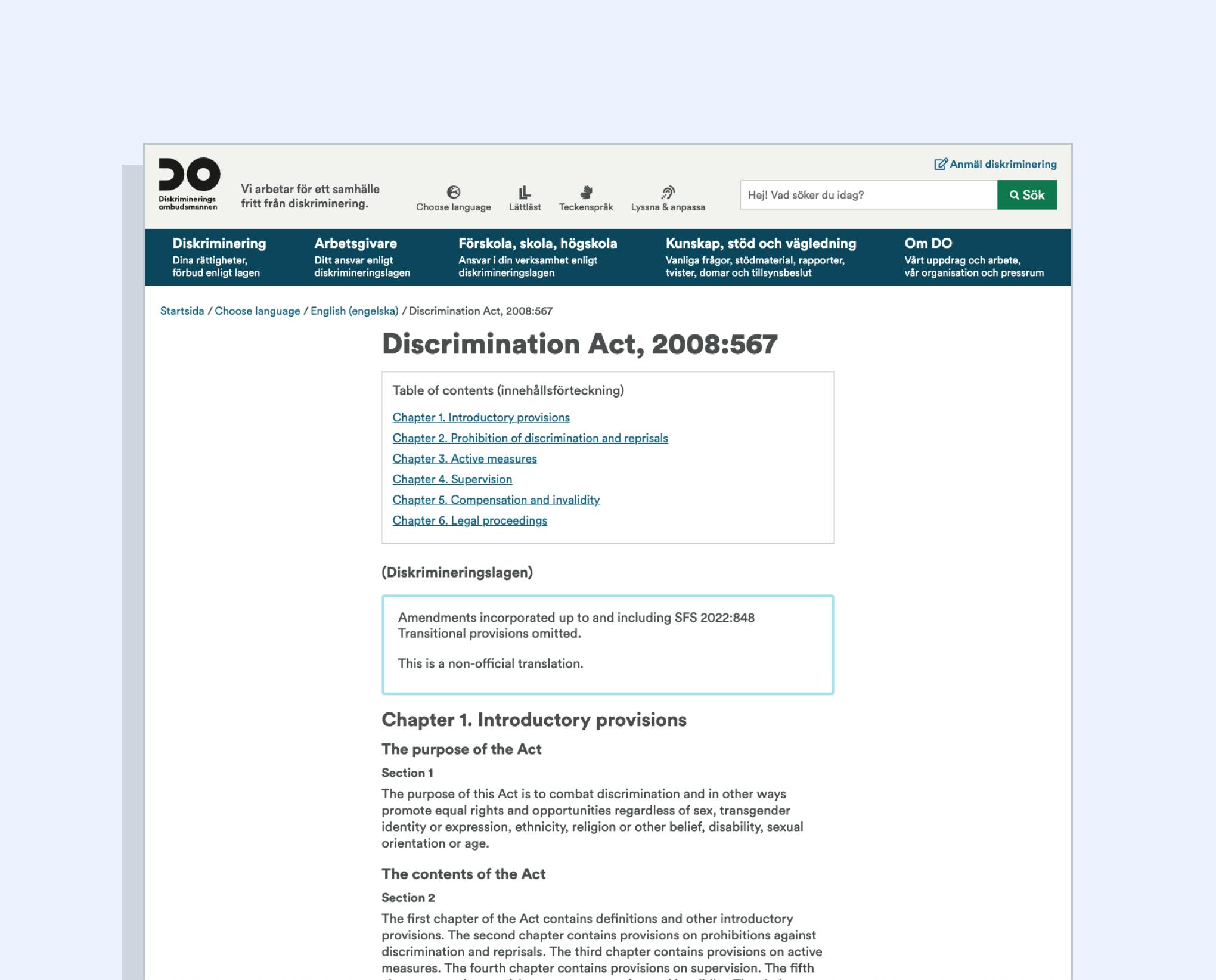 Screenshot of the Swedish Discrimination Act – Diskrimineringslagen