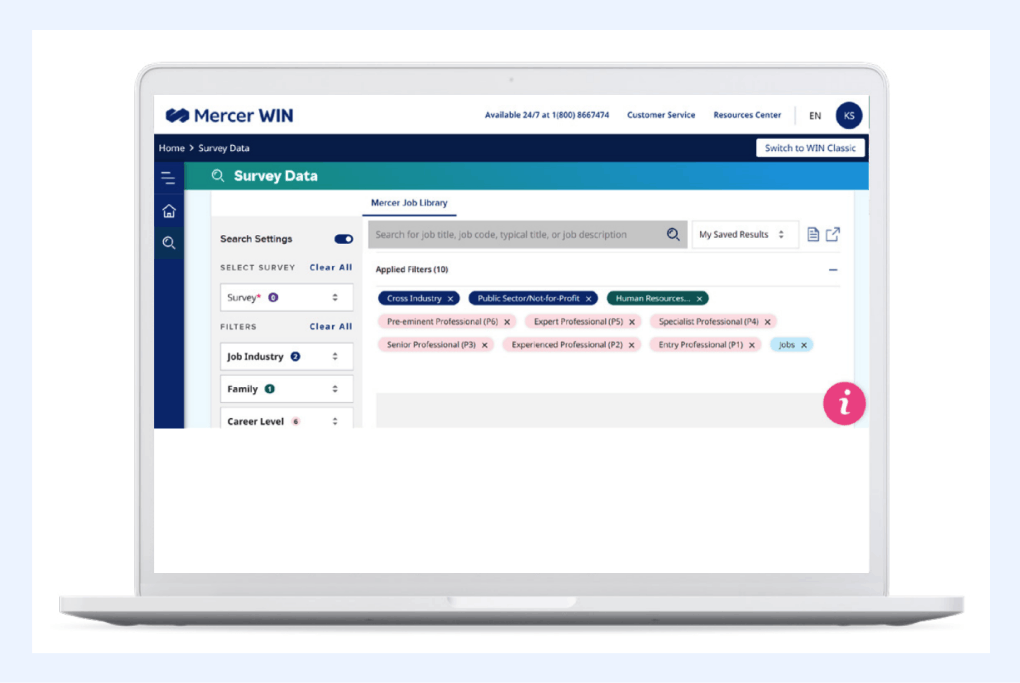 Screenshot of the Mercer WIN platform for accessing salary survey data