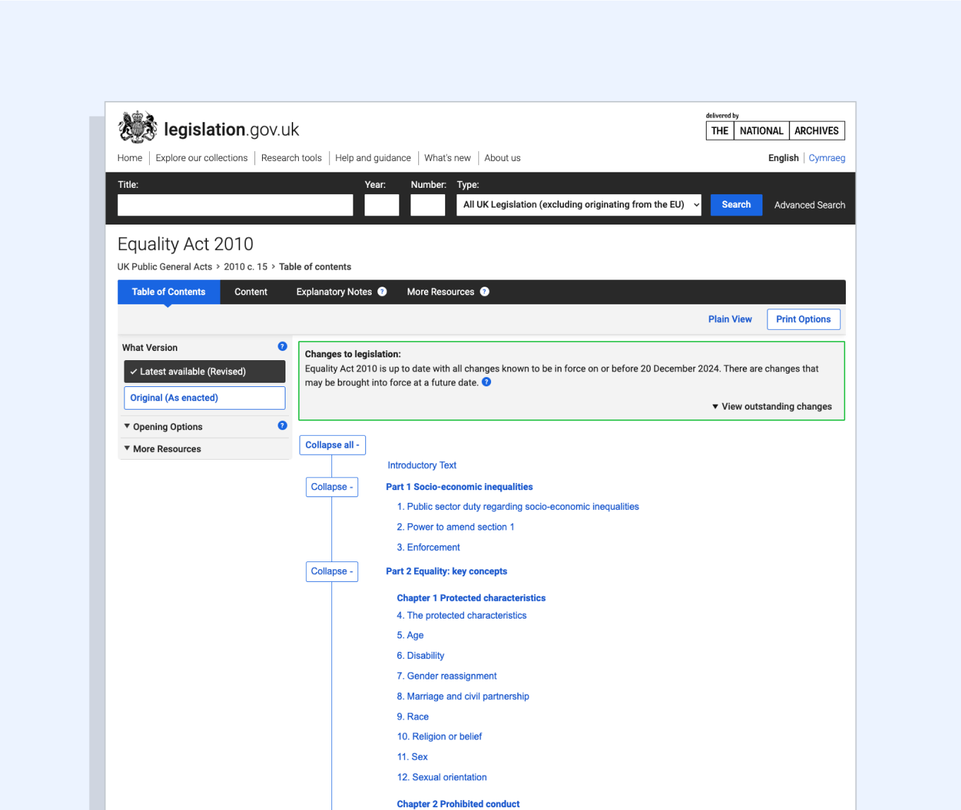 Screenshot of the UK Equality Act