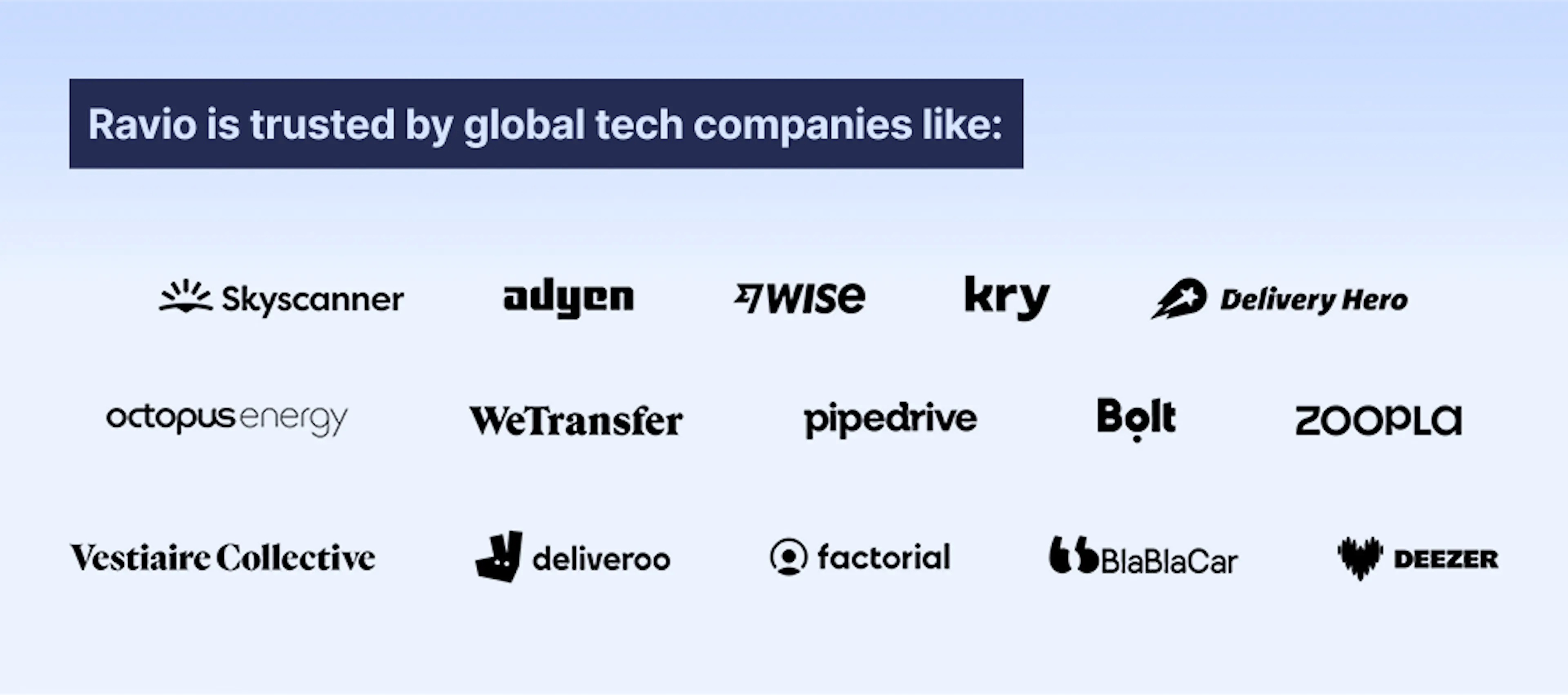 Ravio is trusted by global tech companies like: Skyscanner, Adyen, Wise, Kry, Delivery Hero, Octopus Energy, WeTransfer, Pipedrive, Bolt, Zoopla, Vestiare Collective, Deliveroo, Factorial, Bla Bla Car, Deezer.