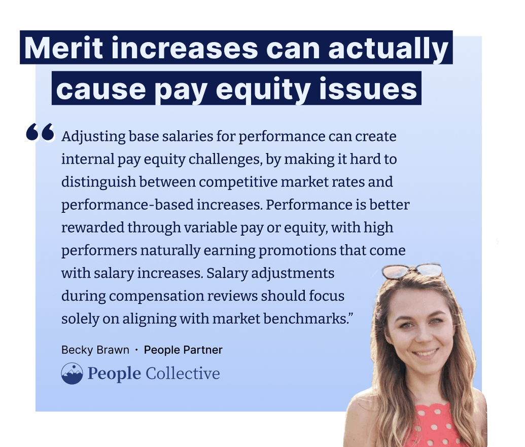 "Adjusting base salaries for performance can create internal pay equity challenges, by making it hard to distinguish between competitive market rates and performance-based increases. Performance is better rewarded through variable pay or equity, with high performers naturally earning promotions that come with salary increases. Salary adjustments  during compensation reviews should focus  solely on aligning with market benchmarks.” – Becky Brawn, People Partner at People Collective