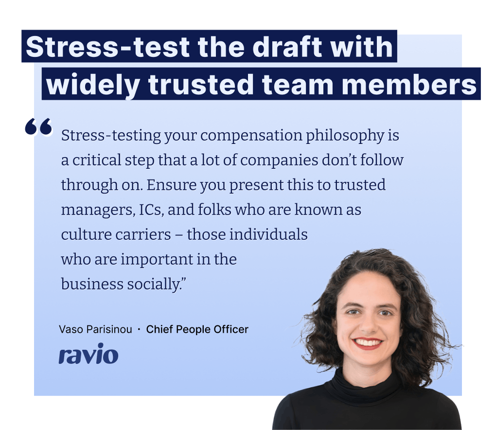 "Stress-testing your compensation philosophy is a critical step that a lot of companies don’t follow through on. Ensure you present this to trusted managers, ICs, and folks who are known as culture carriers – those individuals  who are important in the  business socially.” – Vaso Parisinou, CPO at Ravio