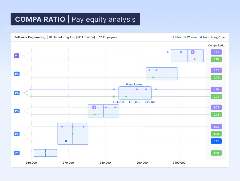 Graphic showing the compa ratio per gender within salary bands
