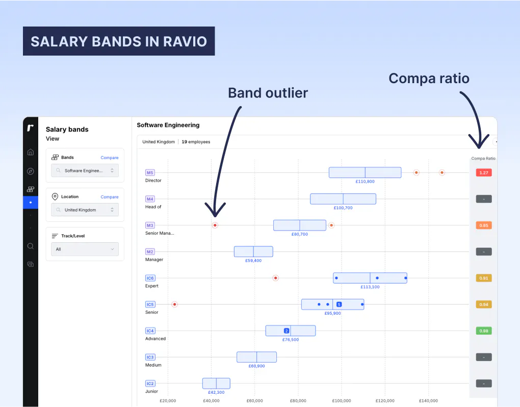 Ravio's salary band software, showing automatic compa ratio and outliers.