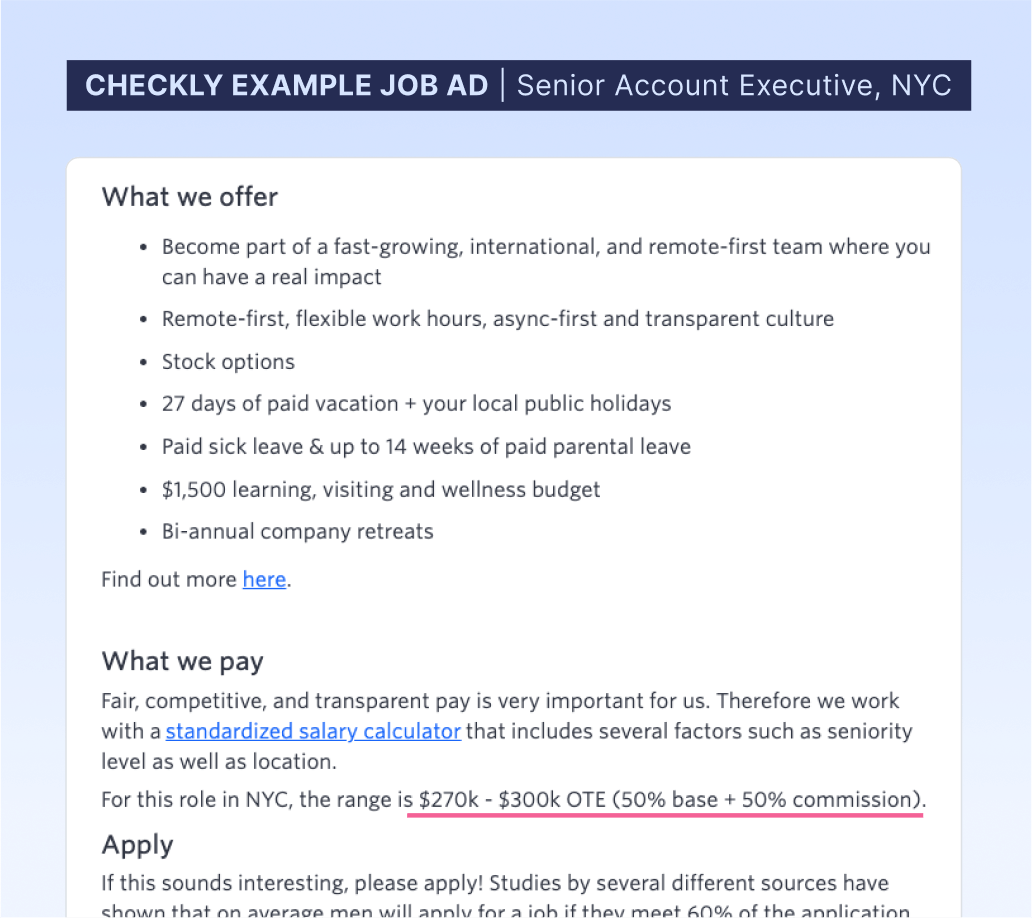 Checkly example job advert for a Senior Account Executive in New York City