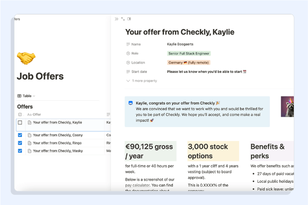 Checkly job offer template – open sourced by Kaylie Boogaerts