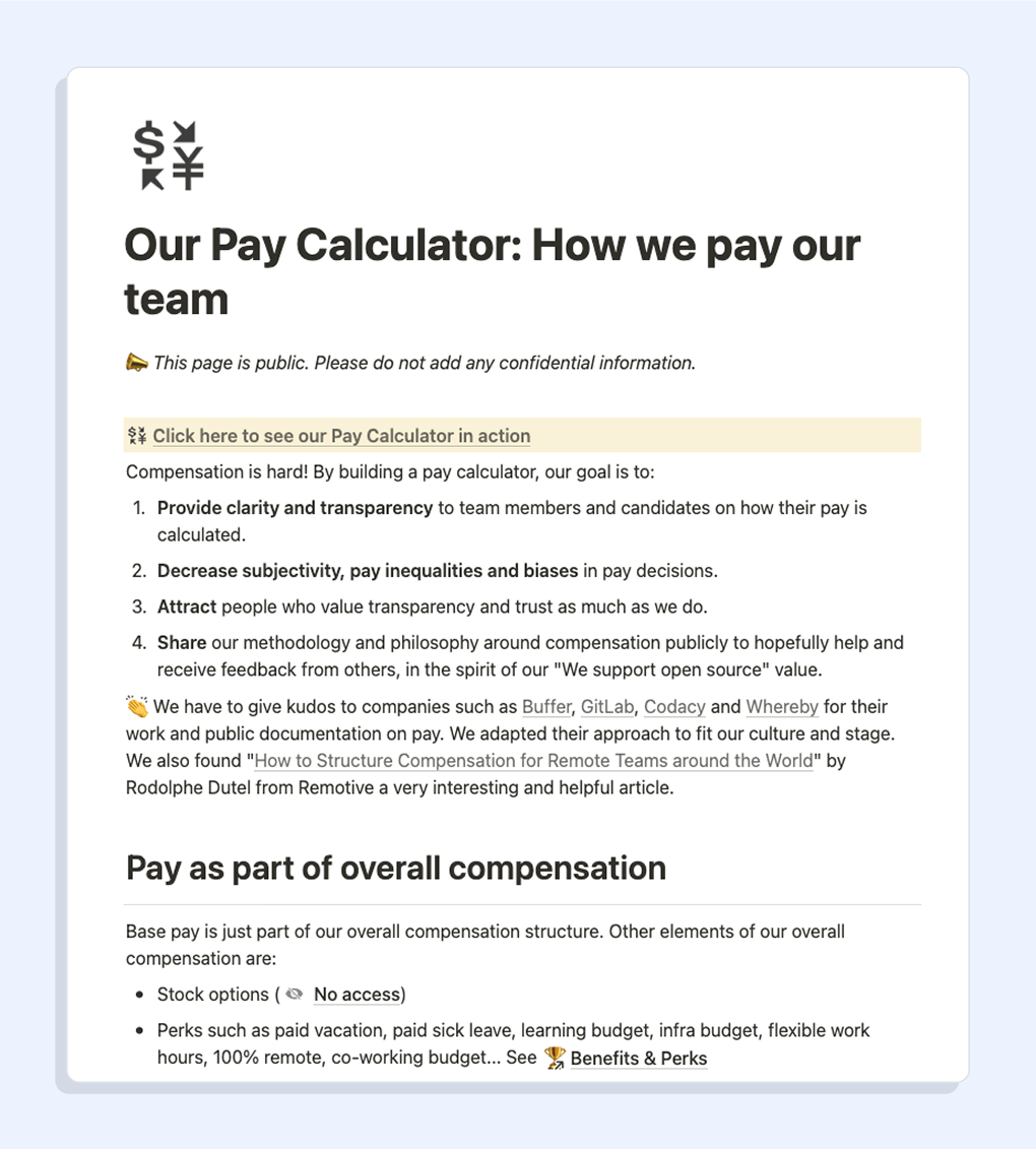 Checkly's pay calculator documentation and approach in Notion