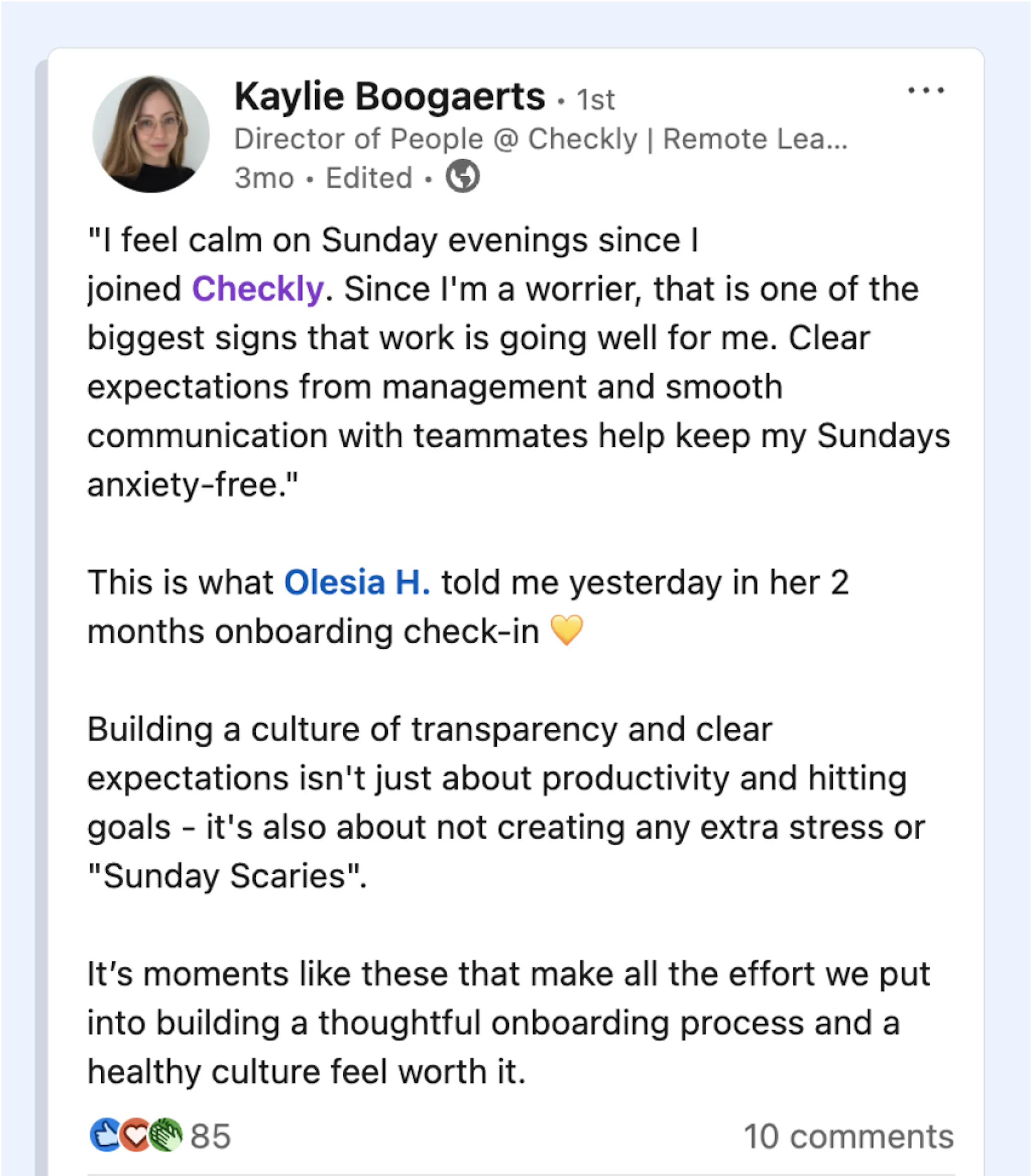 Kaylie Boogaerts LinkedIn post, sharing feedback from a team member about Checkly's company culture