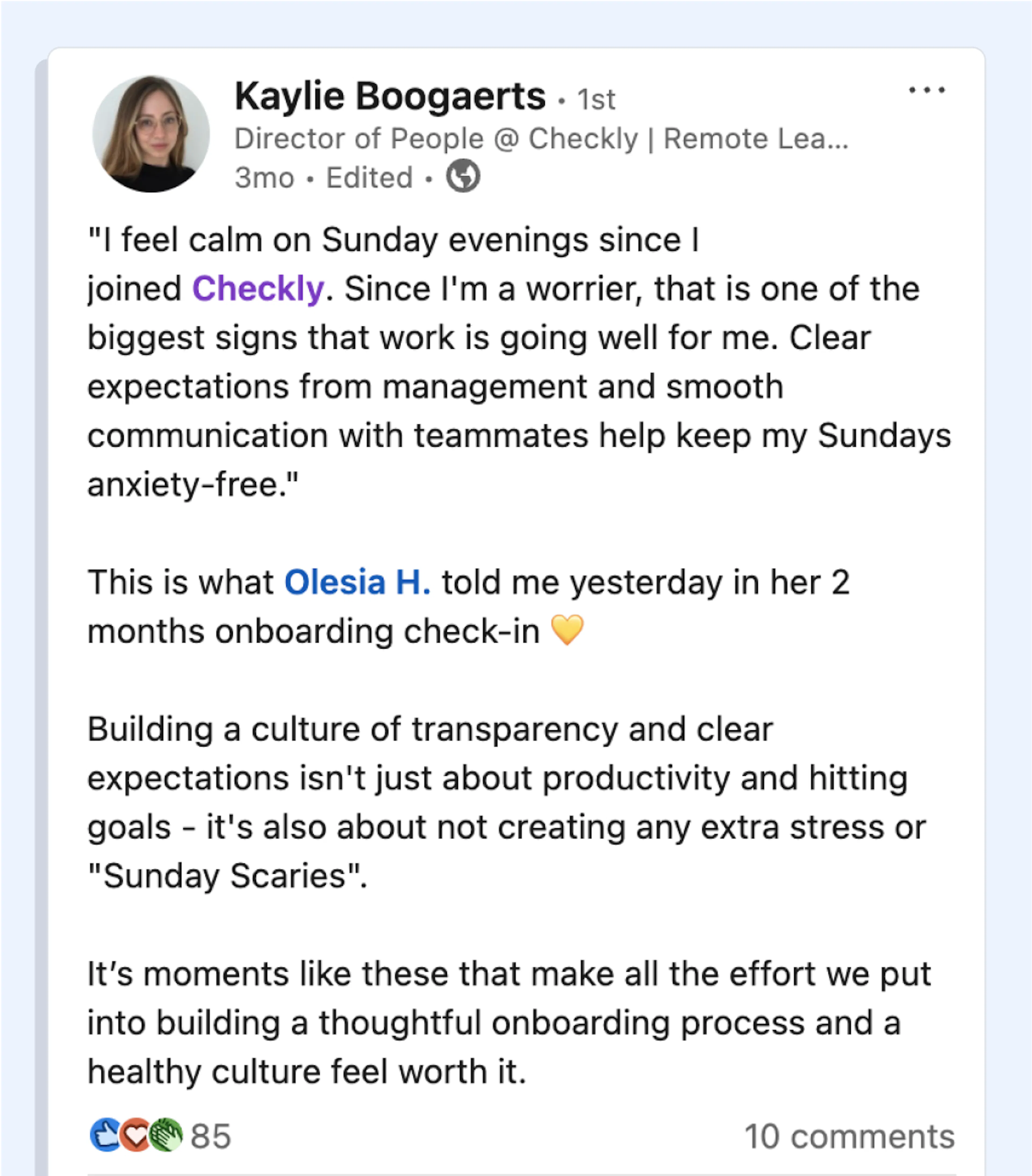 Kaylie Boogaerts LinkedIn post, sharing feedback from a team member about Checkly's company culture