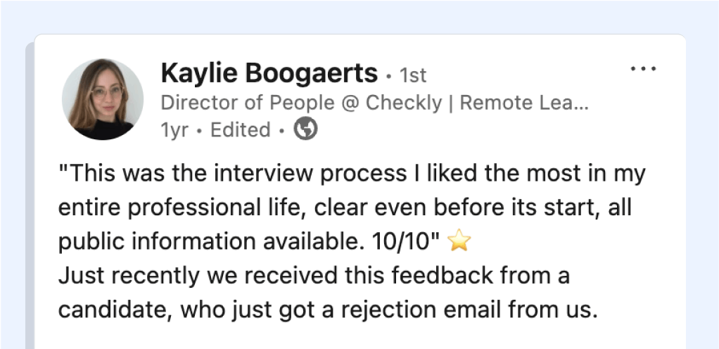 Kaylie Boogaerts LinkedIn post, sharing feedback from a recent job candidate about Checkly's hiring process