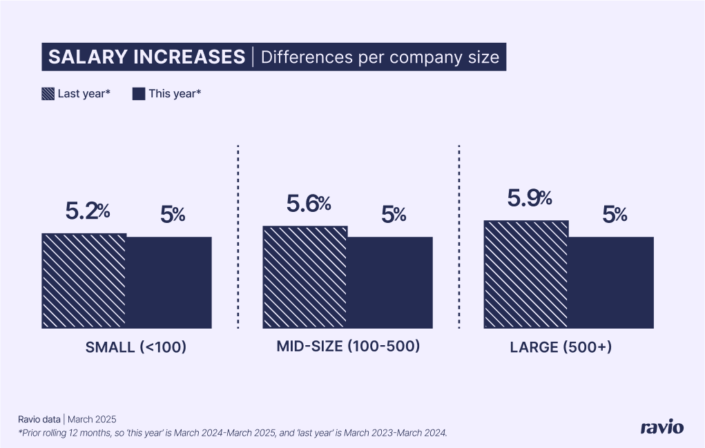 Average salary increase per company size (as of March 2025)