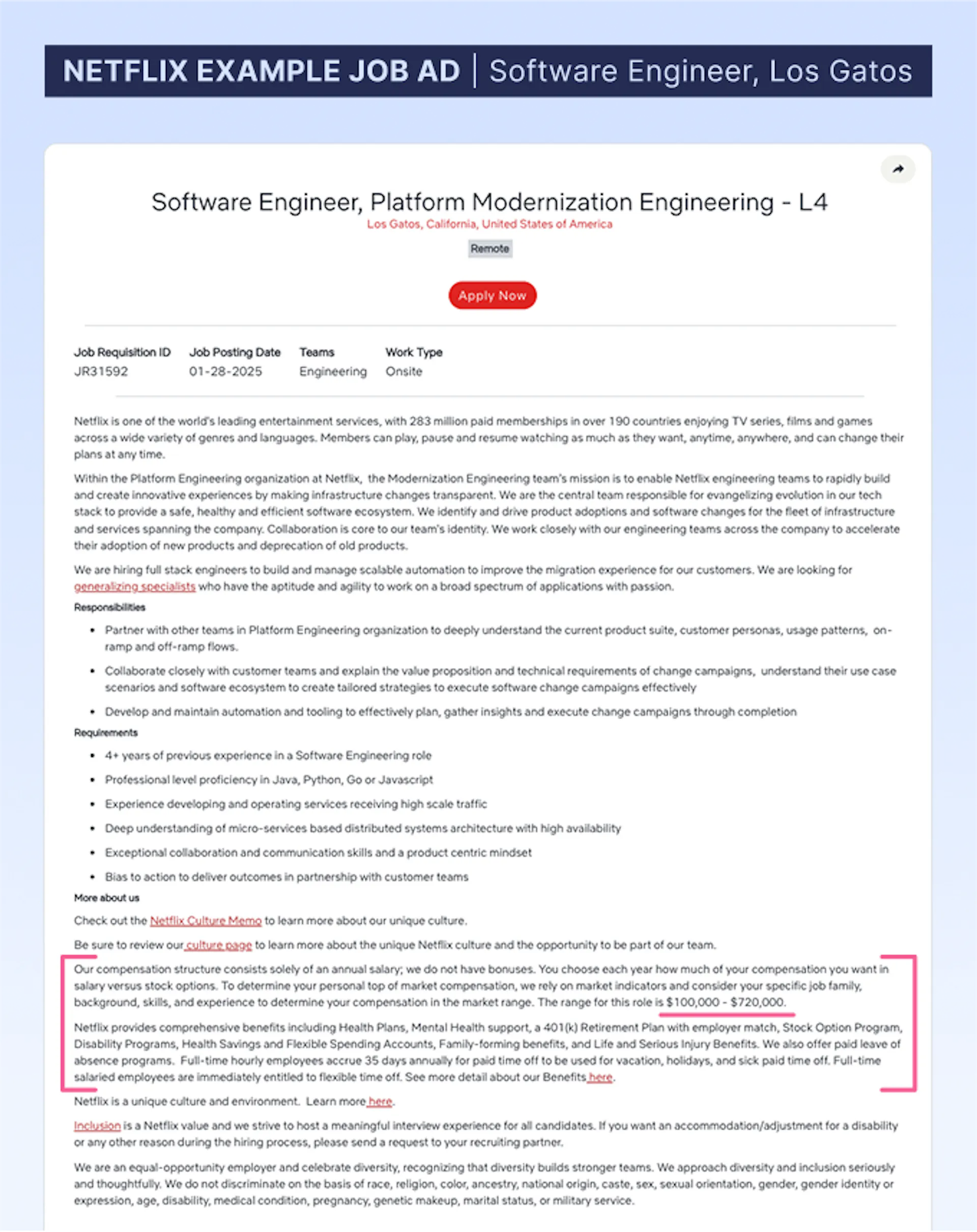 Netflix careers: job advert for a Software Engineer