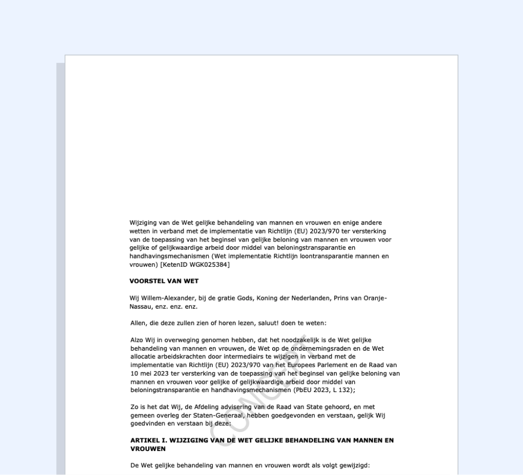 Screenshot of the Dutch draft proposal for the implementation of the EU Pay Transparency Directive.