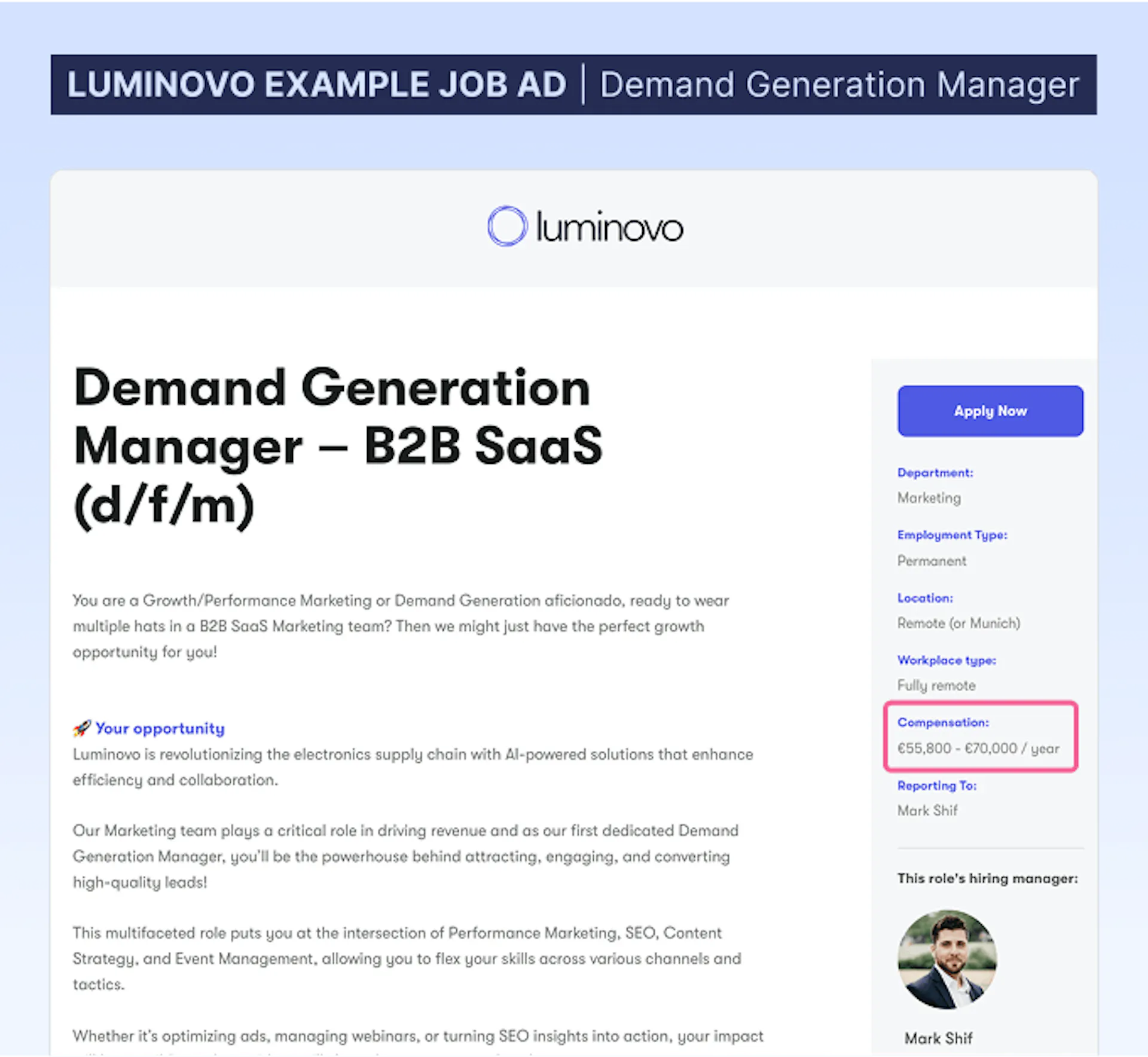 Luminovo example job advert: Demand Generation Manager