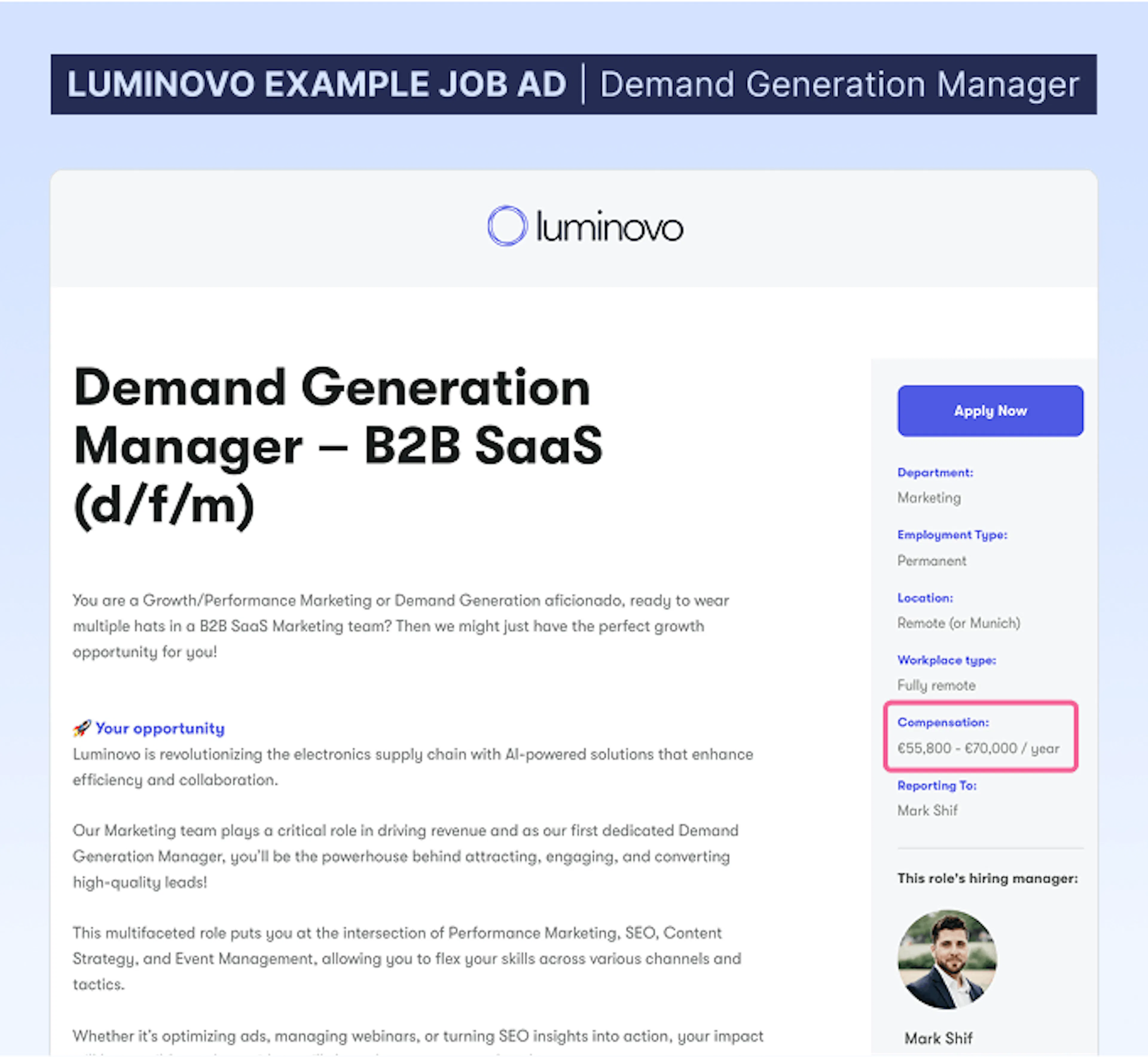 Luminovo example job advert: Demand Generation Manager