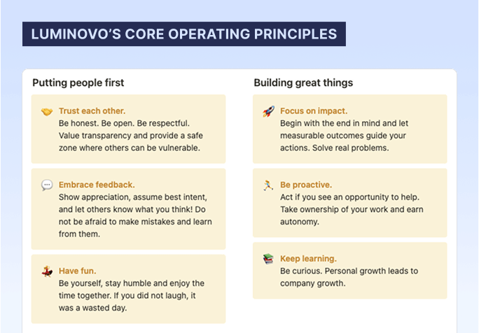 Luminovo's core operating principles: putting people first, building great things