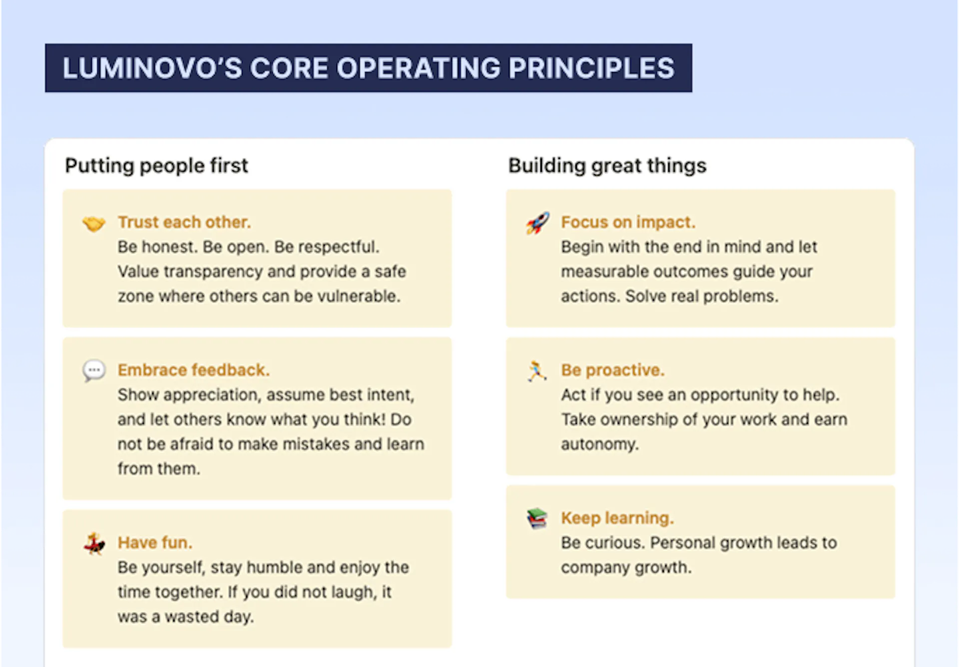 Luminovo's core operating principles: putting people first, building great things