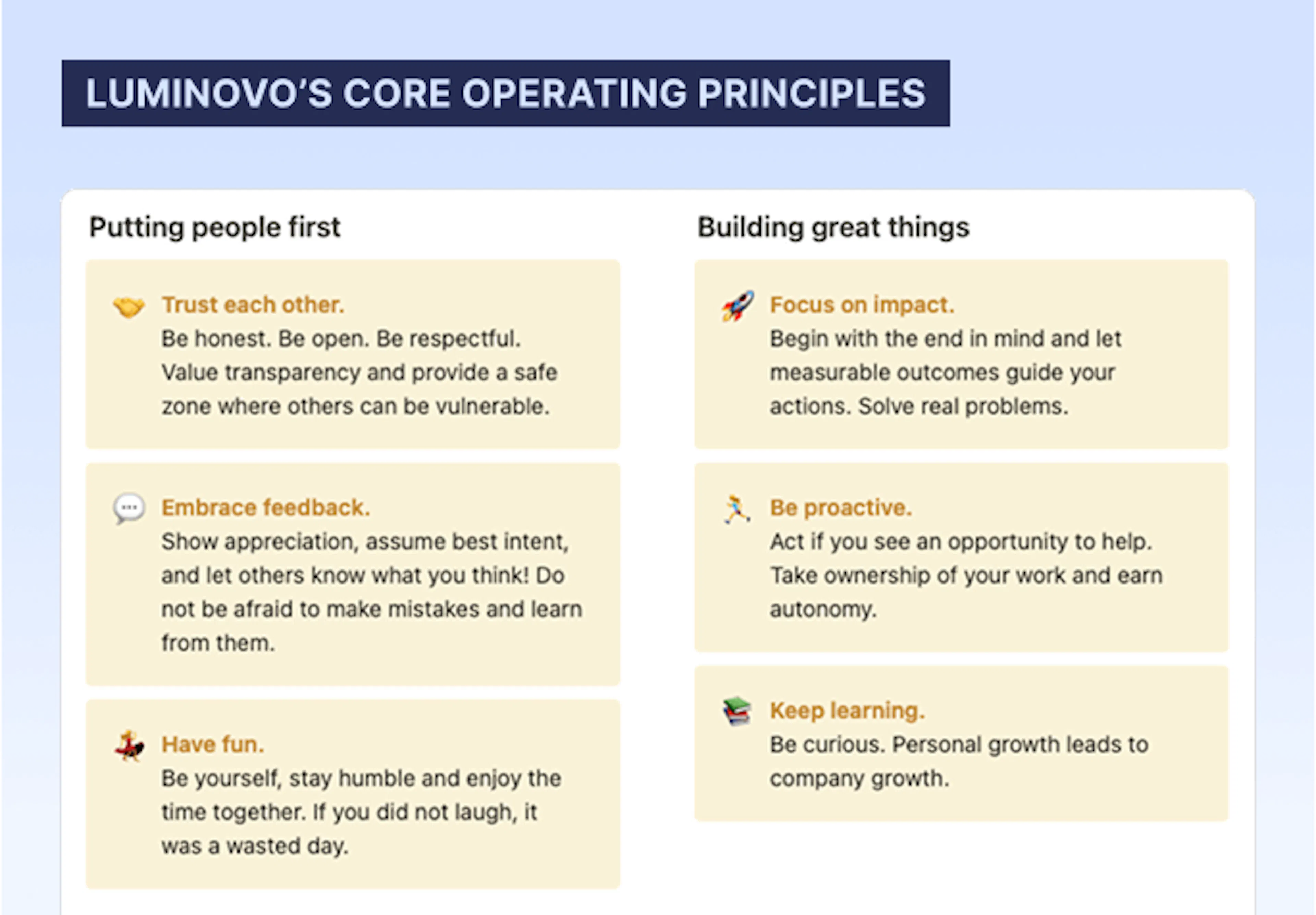 Luminovo's core operating principles: putting people first, building great things
