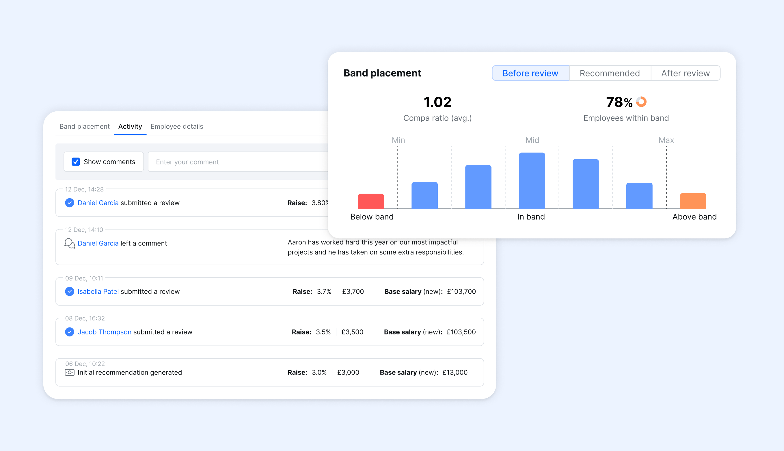 Manager comments and approvals workflow in Ravio's compensation review software
