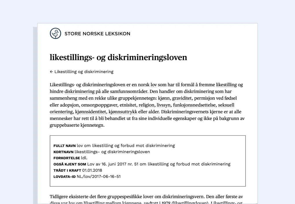 The Norwegian Equality and Anti-Discrimination Act (Likestillings- og diskrimineringsloven)