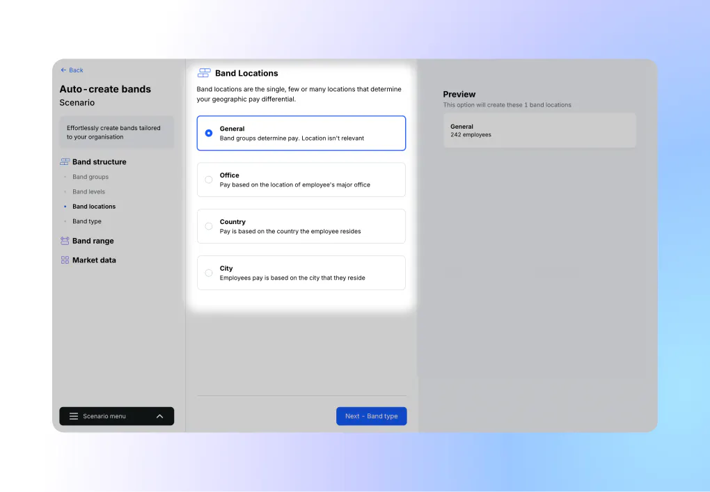 Creating compensation bands in Ravio: choose whether to group bands by location