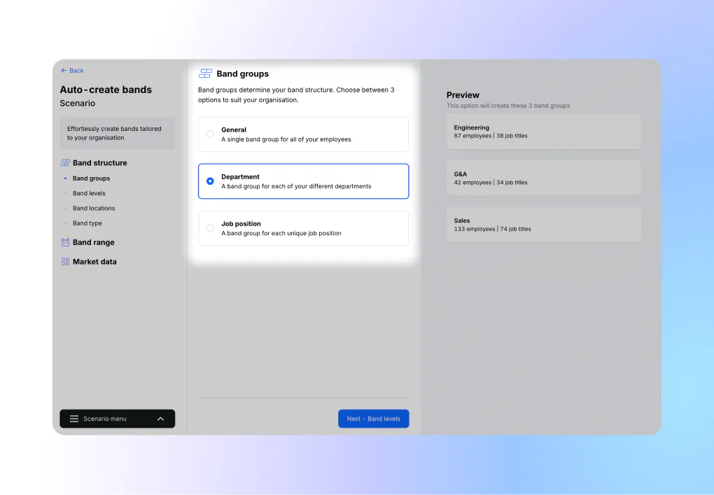 Creating compensation bands in Ravio: choose whether to group bands for the whole organisation, per department, or per job role