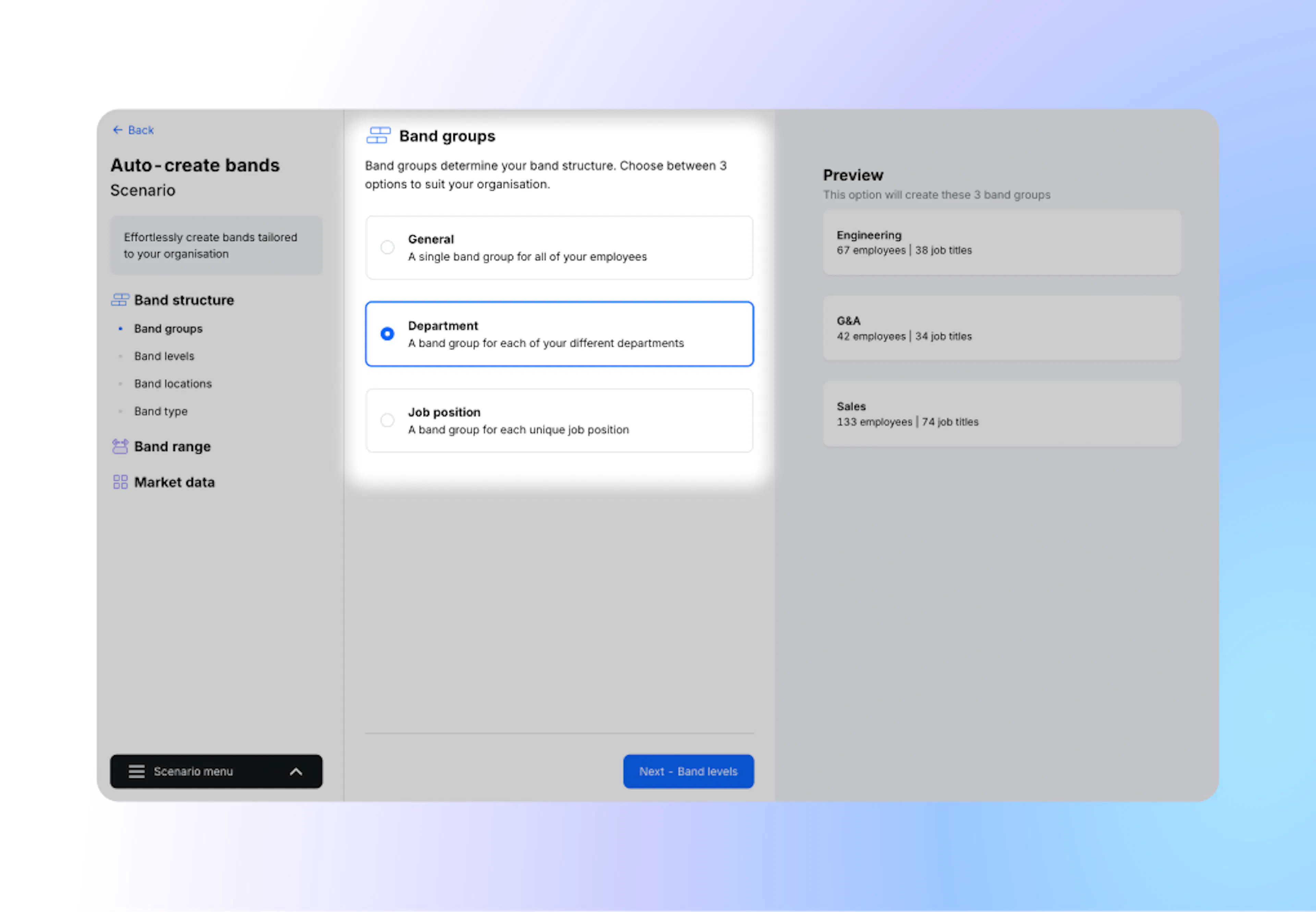 Creating compensation bands in Ravio: choose whether to group bands for the whole organisation, per department, or per job role