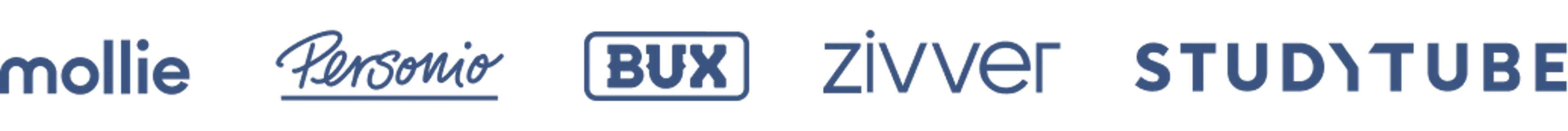 Logos for: Mollie, Personio, Bux, Zivver, Studytube