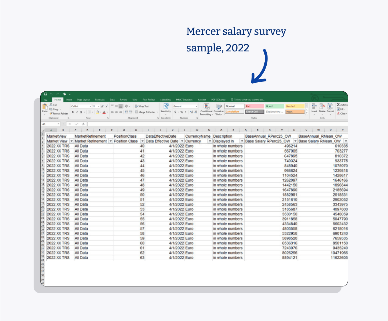 Spreadsheet screenshot showing an example of a salary survey dataset from Mercer.