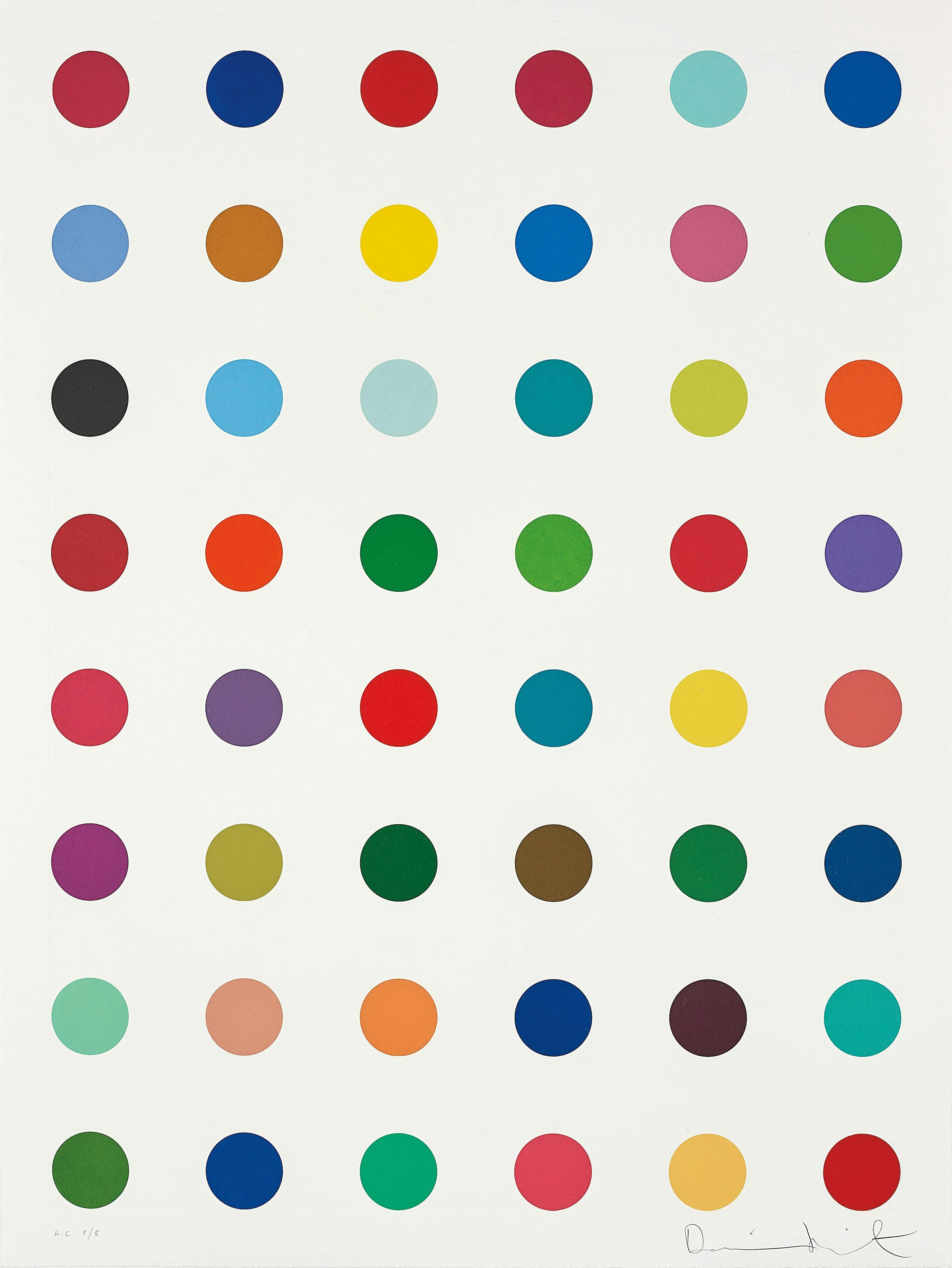 Etching by Damien Hirst depicting bright coloured dots forming a rectangular composition
