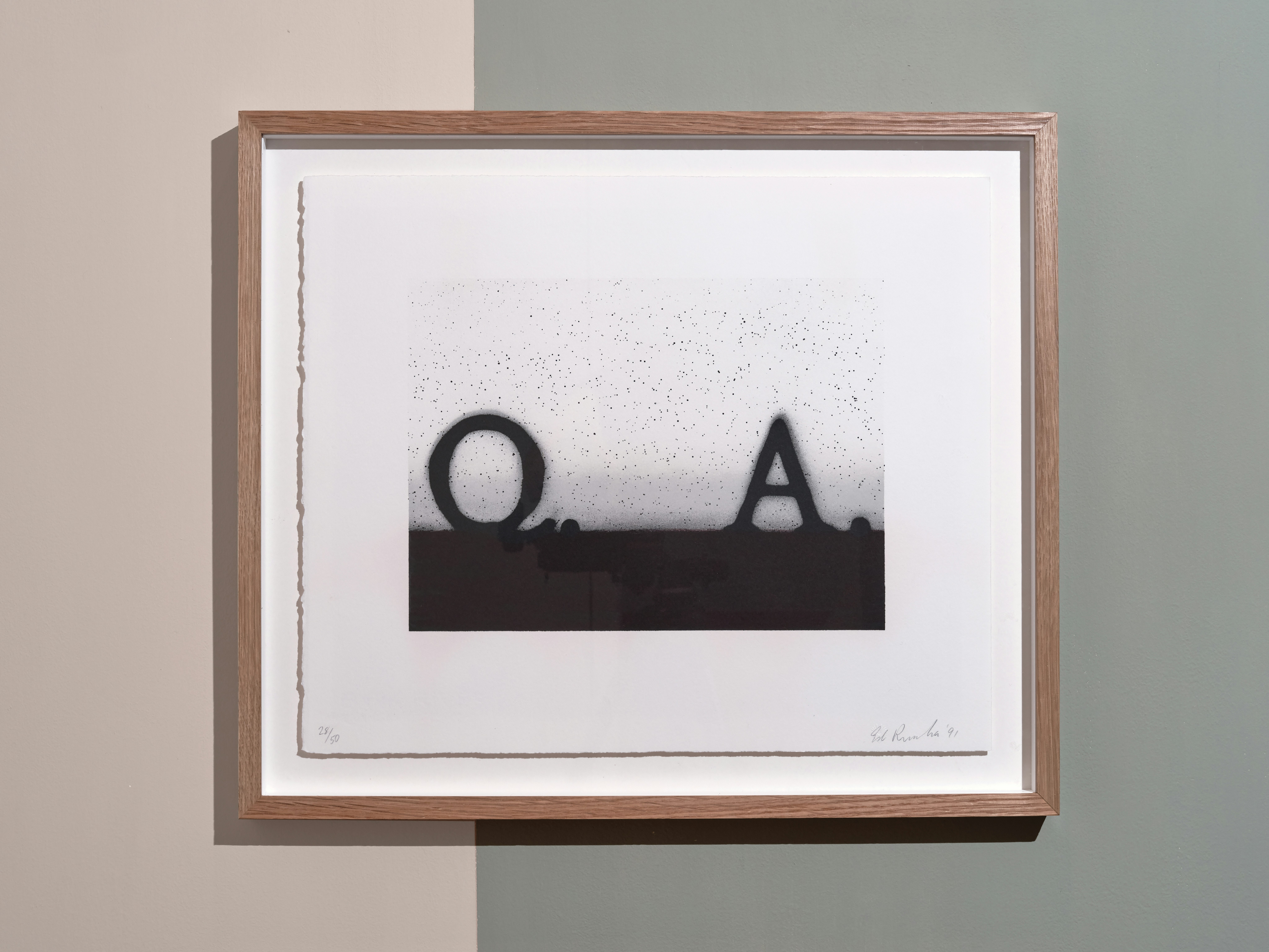 installation photograph of framed lithograph in colours by Ed Ruscha with letters Q and A in black