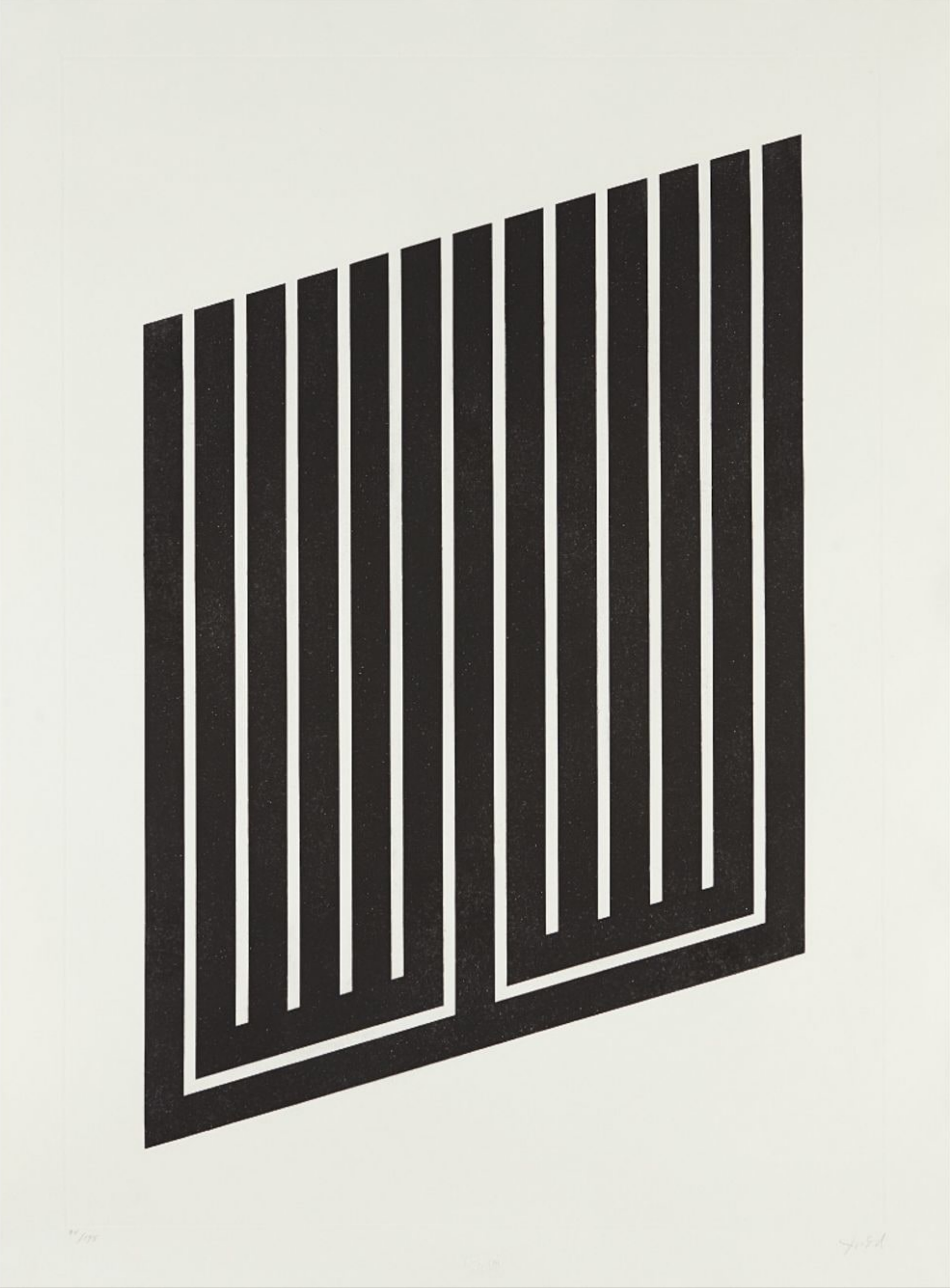 Aquatint by Donald Judd depicting black parallel lines connected with another black line on bottom edge