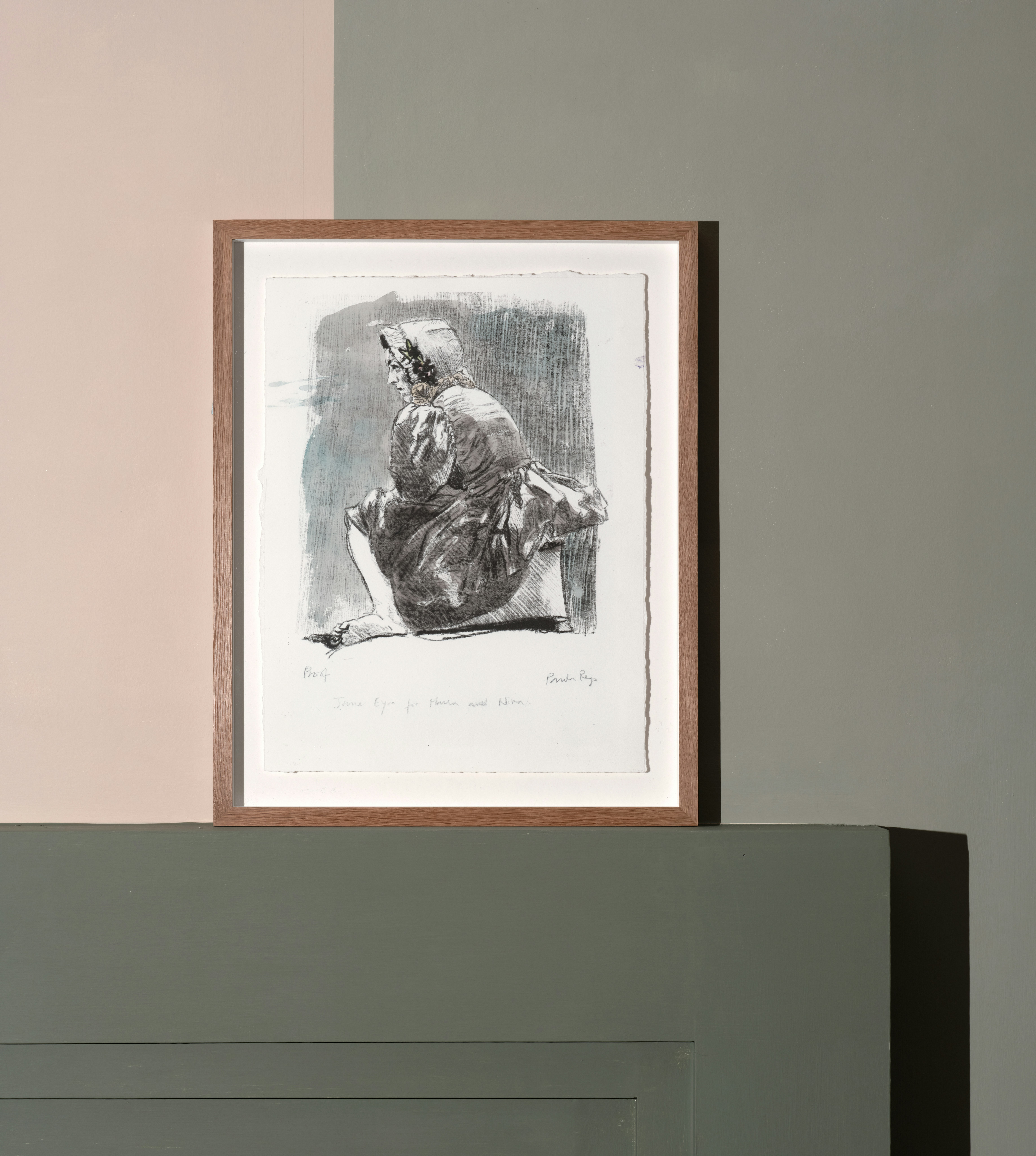 installation photograph of lithograph with hand-colouring by Paula Rego depicting Jayne Eyre in profile crouching