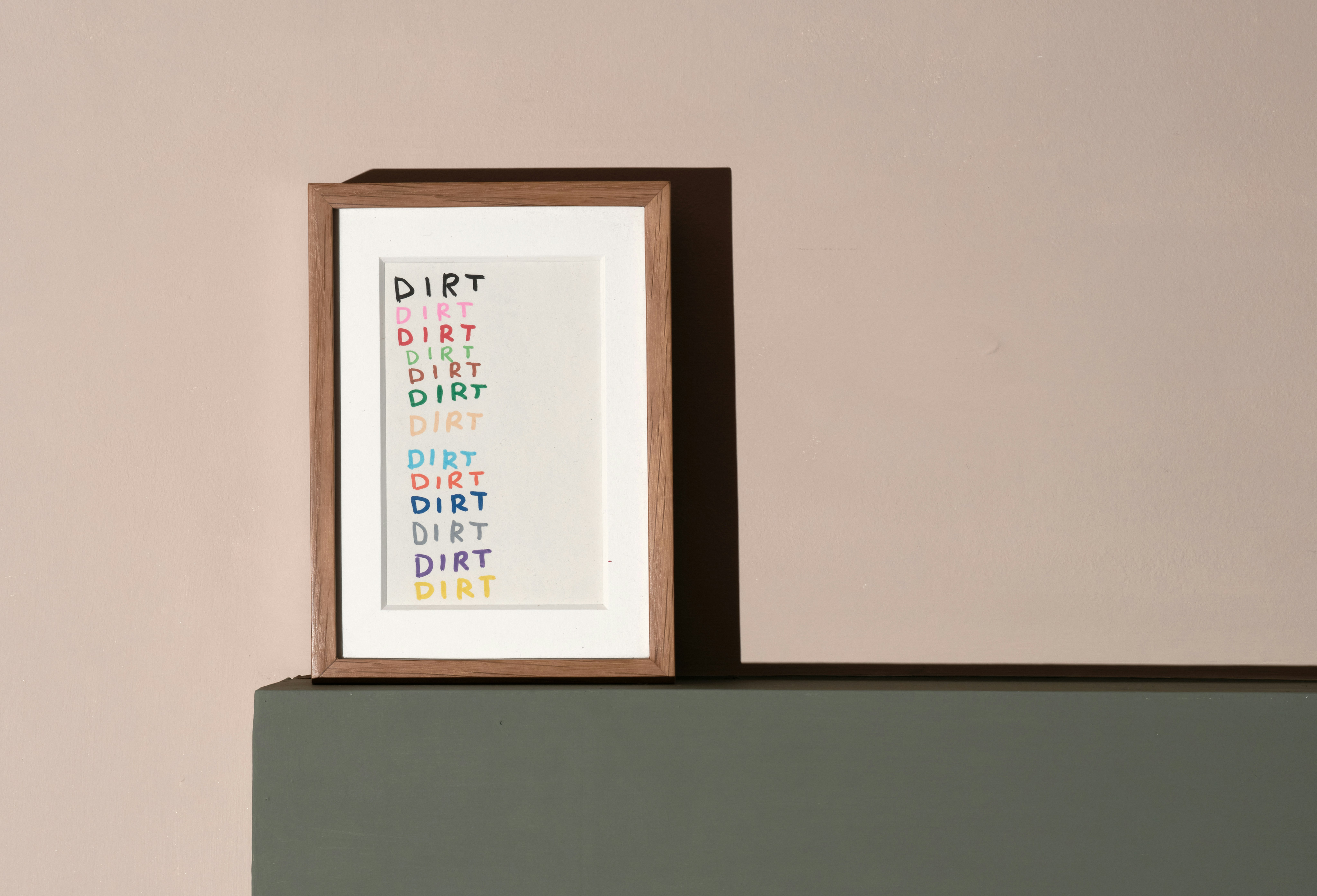 installation photograph of unique drawing in colour felt tip pen by David Shrigley depicting the work dirt in multiple colours