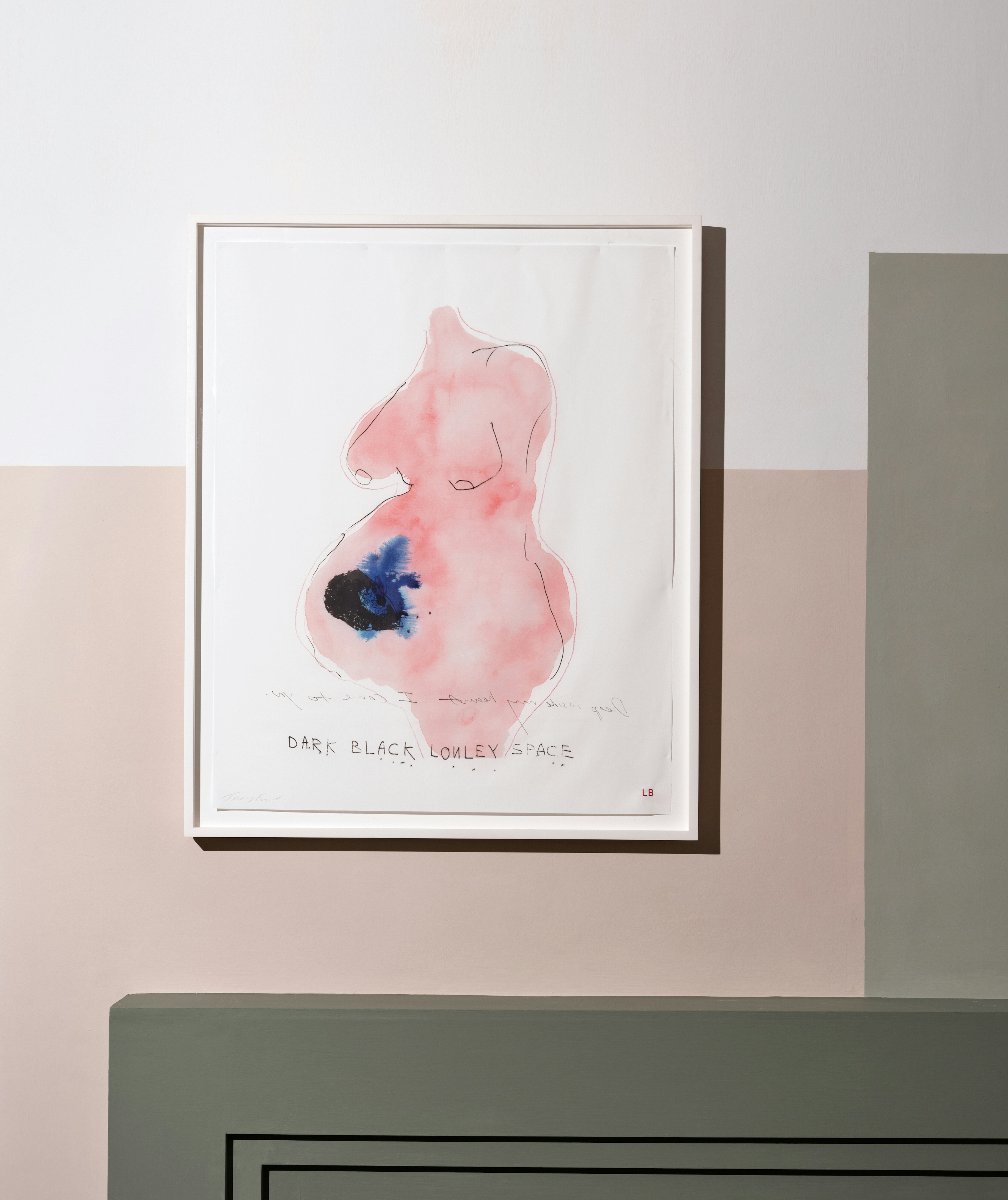 Installation photo of digital print in colours by Louise Bourgeois and Tracey Emin depicting image of pregnant nude female torso in profile with blue wash drawing on the womb and text additions by Emin.